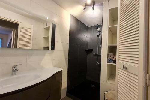 a white bathroom with a sink and a shower at Charmant duplex a deux pas du lac in Sévrier
