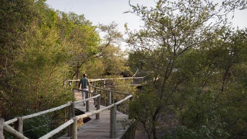 a man walking on a wooden bridge at Mashatu Lodge in Lentswelemoriti