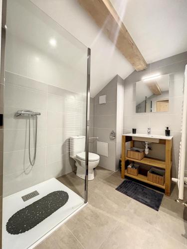 une salle de bain avec une douche, des toilettes et un lavabo dans l'établissement Chalet Le Daim, à La Toussuire