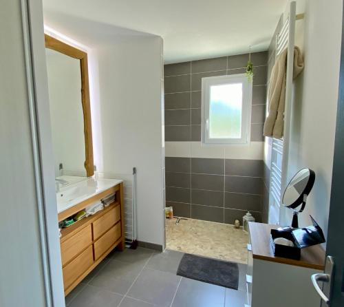 uma casa de banho com um lavatório e um espelho em Maison chic avec Jacuzzi & Jardin Paisible em Chauray