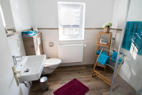 a bathroom with a sink and a toilet and a window at Chalet Nordwald in Angelbach