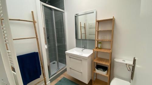 une salle de bain avec un lavabo, une douche et un miroir dans l'établissement Croix Centre, Maison rénovée - Maison SEB, à Croix