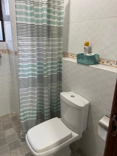 ein Bad mit einem WC und einem Duschvorhang in der Unterkunft Midtown Executive Suites With Balcony, King Bed in Nakuru