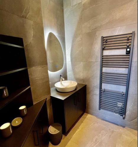 une salle de bain avec un lavabo et un miroir dans l'établissement Charming 2 Bedrooms & 1 sofa bed renovated 3P3, à Cannes