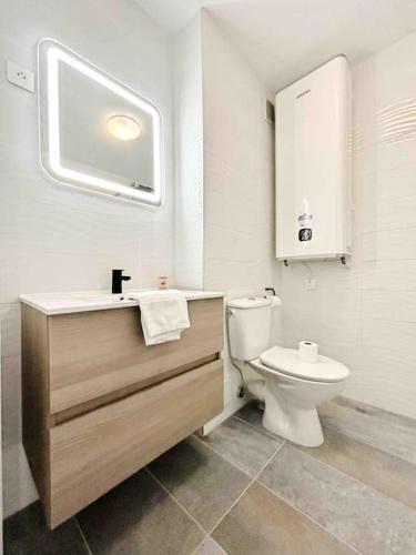 une salle de bain avec toilettes, lavabo et miroir dans l'établissement Le Dulys : Apt 2 prs, vue mer, clim, 2 min plages, à Antibes