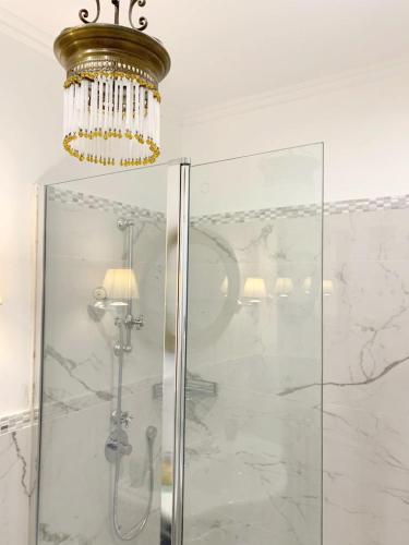 La salle de bains est pourvue d'une douche et d'un lustre. dans l'établissement Appartement Nice Port, à Nice