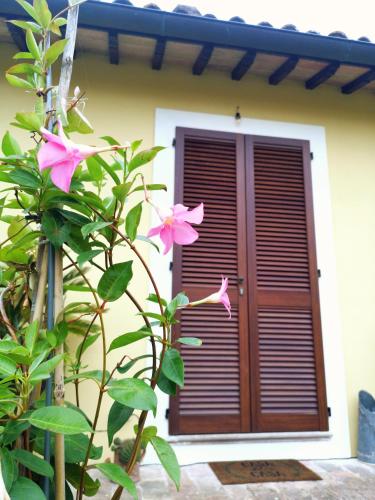 dom z różowymi kwiatami przed drzwiami w obiekcie Il Gelsomino w mieście Foligno