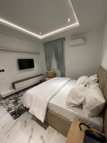 1 dormitorio con 1 cama grande y TV en All States Apartments, en Abuja