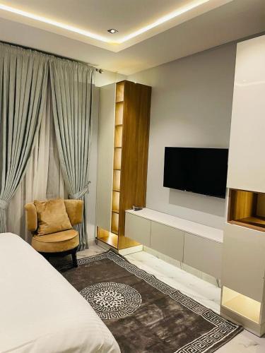 a bedroom with a bed and a tv and a chair at All States Apartments in Abuja