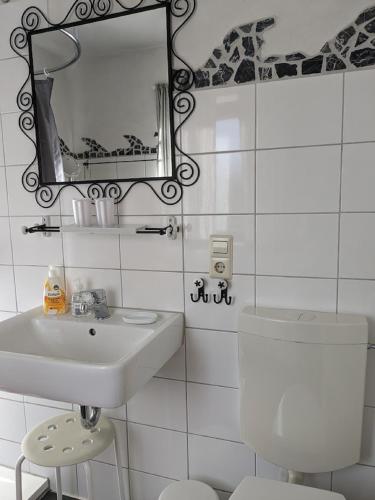 a bathroom with a sink and a toilet and a mirror at Das kleine Försterhaus in Winterberg