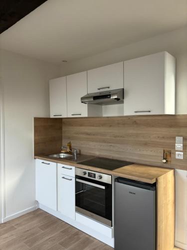 uma cozinha com armários brancos e um forno com placa de fogão em Le Maurice - appartement centre-ville em Valence