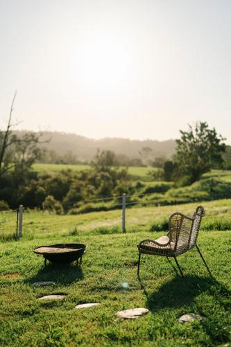 a bench sitting in the grass next to a bird bath at Whisky @ On The Rocks in Rock Valley