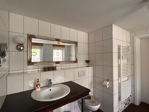 a bathroom with a sink and a mirror at Ferienwohnung Hexenstube 2 in Tanne