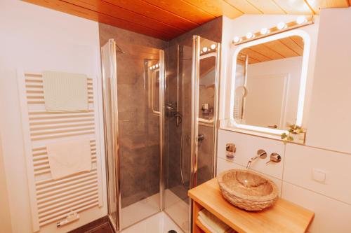 La salle de bains est pourvue d'un lavabo et d'une douche. dans l'établissement Mein Landhaus, à Burgberg im Allgäu