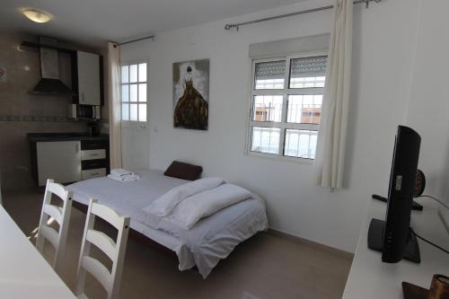 1 dormitorio con 1 cama y TV en RentalSevilla terraza privada junto al Guadalquivir, en Sevilla