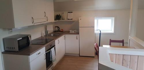 a small kitchen with a microwave and a refrigerator at Lofoten - Koselig leilighet for 3 personer. in Sund