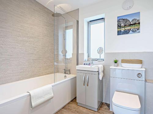 a bathroom with a toilet and a sink and a shower at 2 bed in East Bergholt 82400 in East Bergholt