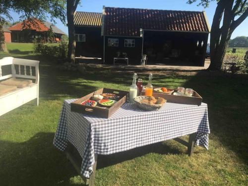 una mesa de picnic con comida en un patio en Bij Leentjer geheel appartement, 