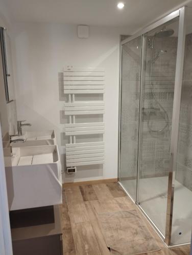 une salle de bain avec douche et lavabo dans l'établissement Domaine de Servières - Grand gîte, à Le Caylar