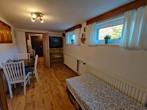 a bedroom with a bed and a table and a window at Apartmán Astomo in Vrchlabí