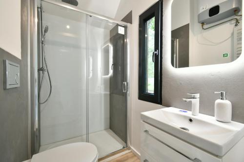 a bathroom with a shower and a sink and a toilet at Leśne SPA pod Warszawą in Wólka Radzymińska