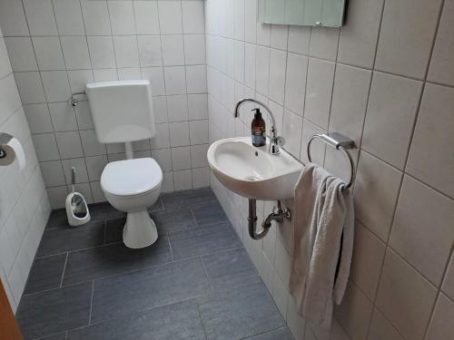 a bathroom with a toilet and a sink at Plapperer`s Fewo in Schernfeld
