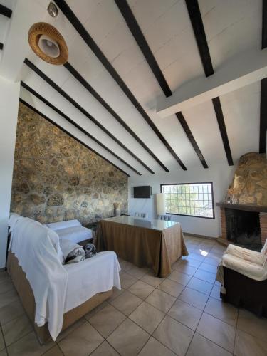 Habitación con mesa y chimenea en CASA RURAL LA CHOZA DE MINDO en Granada