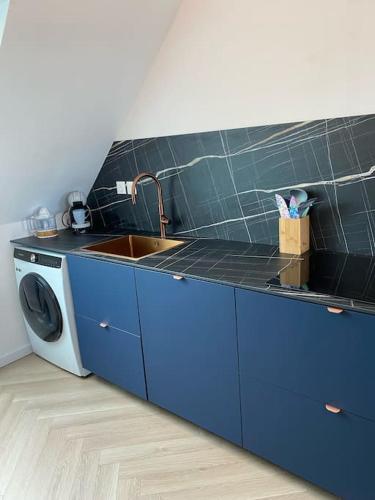 une cuisine avec un évier et une machine à laver dans l'établissement La Félicita Calais Plage, à Calais