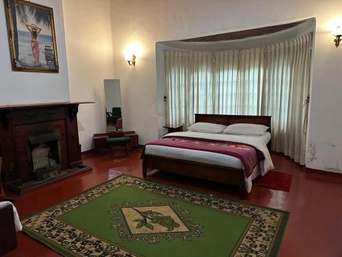 1 dormitorio con 1 cama grande y chimenea en Princess Bungalows, en Nuwara Eliya