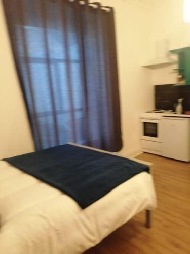 a bedroom with a bed with a blue blanket and a window at Lovely Studio - perfect weekend stay in Cork in Cork