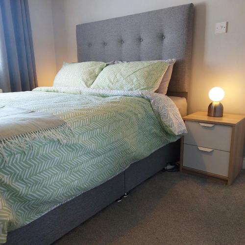 a bedroom with a bed with a lamp on a night stand at Lawnbrook Town House in Belfast