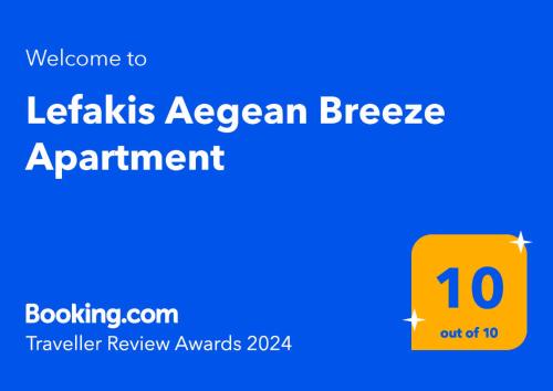 Palkinto, sertifikaatti, kyltti tai muu asiakirja, joka on esillä majoituspaikassa Lefakis Aegean Breeze Apartment