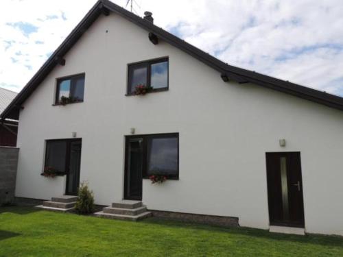 ein weißes Haus mit schwarzen Fenstern und grünem Gras in der Unterkunft Apartmánový dům U Lucie in Škrdlovice