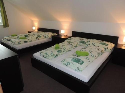 2 camas individuales en una habitación con 2 lámparas en Apartmánový dům U Lucie, en Škrdlovice