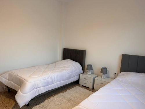 1 dormitorio con 2 camas y 2 mesitas de noche en Élégant Appartement S+2 Lumineux au 1er étage, en Gammarth