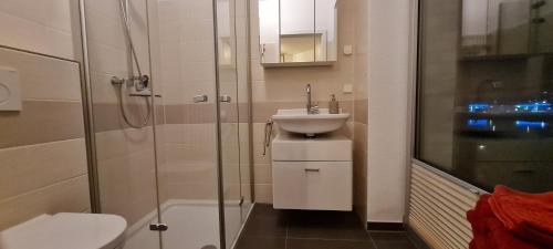 a bathroom with a sink and a shower and a toilet at Ferienwohnung Neuer Hafen Marina in Bremerhaven