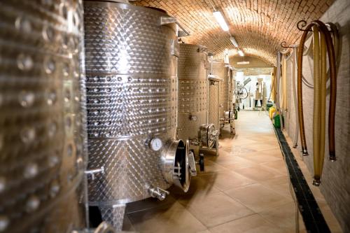 a row of wine barrels in a wine cellar at Punta Chiarito Resort in Ischia