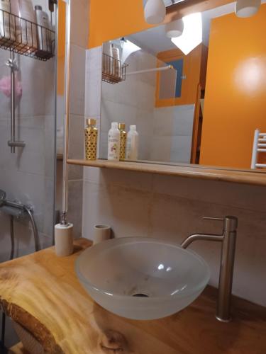 a bathroom with a white sink on a wooden counter at Chambre calme et agréable in Replonges
