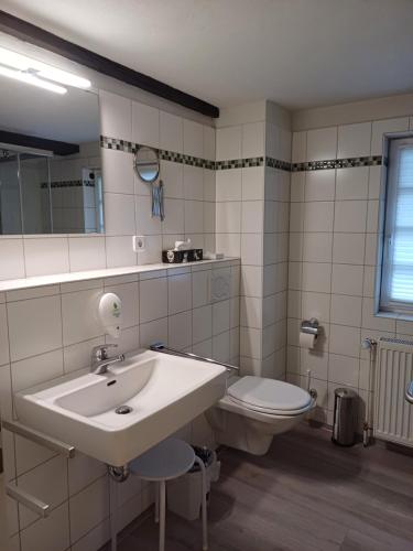 een badkamer met een wastafel en een toilet bij Altstadtliebe Salzuflen in Bad Salzuflen