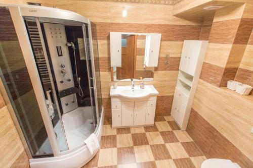 a bathroom with a sink and a shower and a toilet at Sudety Park - PolanicaApartamenty pl in Polanica-Zdrój