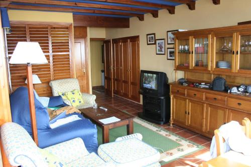 ein Wohnzimmer mit einem blauen Sofa und einem TV in der Unterkunft Sierra nevada in Sierra Nevada