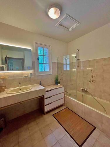 une salle de bain avec un lavabo, une douche et un miroir dans l'établissement Miramar, à Théoule-sur-Mer