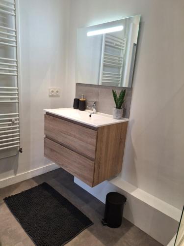 a bathroom with a sink and a mirror at Appartement hyper centre, cathédrale, fibre in Lisieux