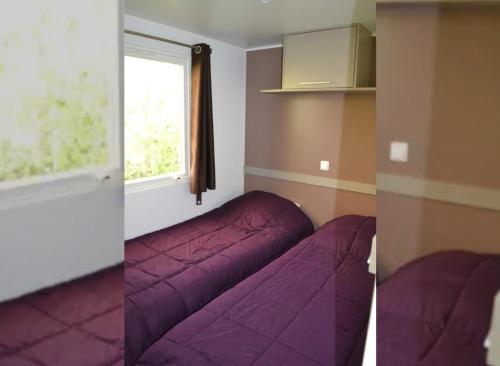 two pictures of a room with a purple couch at Mobil Home 6 personnes 206 in Mens