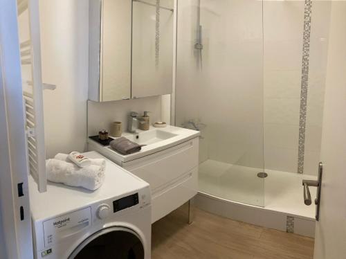 a white bathroom with a washing machine and a shower at Rouen Vue Cathédrale in Rouen
