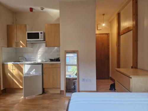 a small kitchen with a counter and a microwave at Bright studio apartment Highgate in London