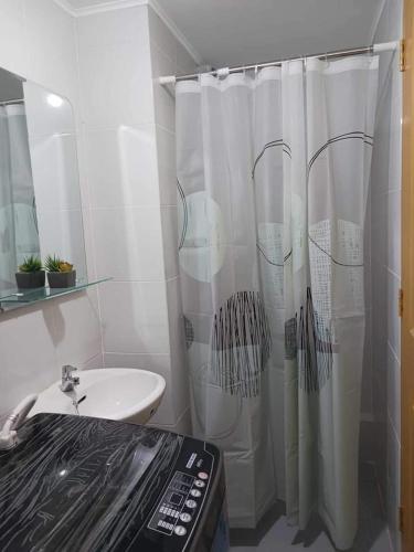a bathroom with a sink and a shower curtain at Entire 2BR condo Centro Spatial Downtown in Davao City