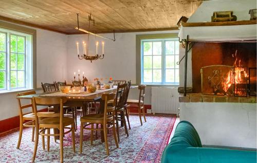 a dining room with a table and chairs and a fireplace at Lovely Home In Vittinge With Wifi 