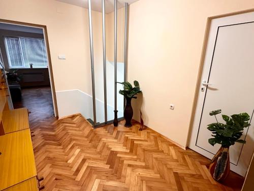a hallway with a wooden floor with two plants at дом Тодор и Тота Мутевски in Troyan