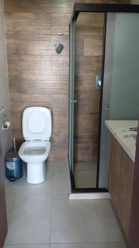 La salle de bains est pourvue de toilettes et d'une douche en verre. dans l'établissement ¡Hermoso y Céntrico Dpto.!, à Santa Cruz de la Sierra